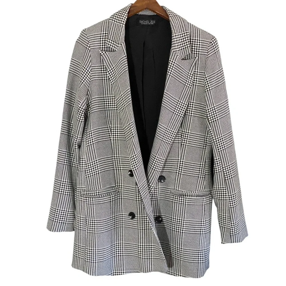 Rachel Zoe Women’s Plaid Houndstooth Blazer Jacket Oversized Small Black Cream